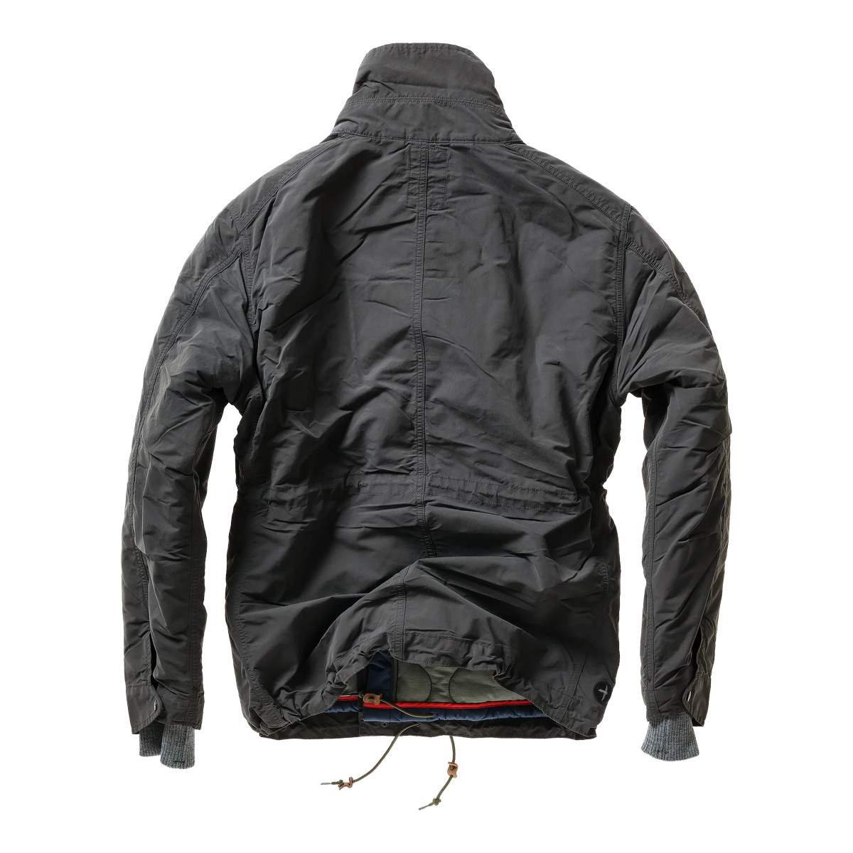 Relwen Defender 2-in-1 charcoal jacket, back view showing nylon-cotton shell and quilted liner with ribbed cuffs.