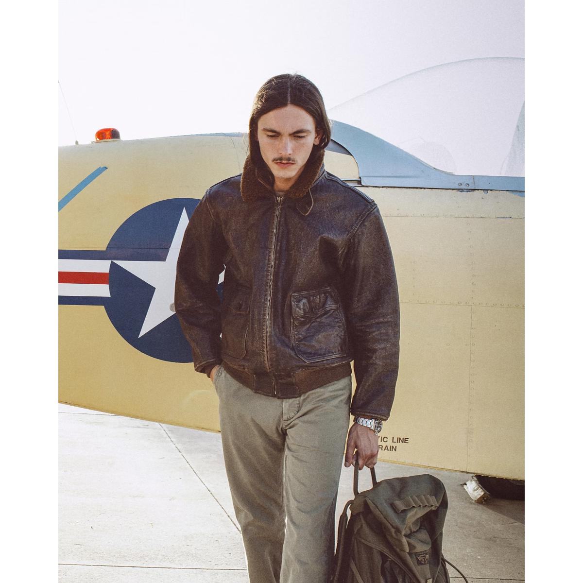 Shearling-Collar Leather Flight Jacket Vintage Brown