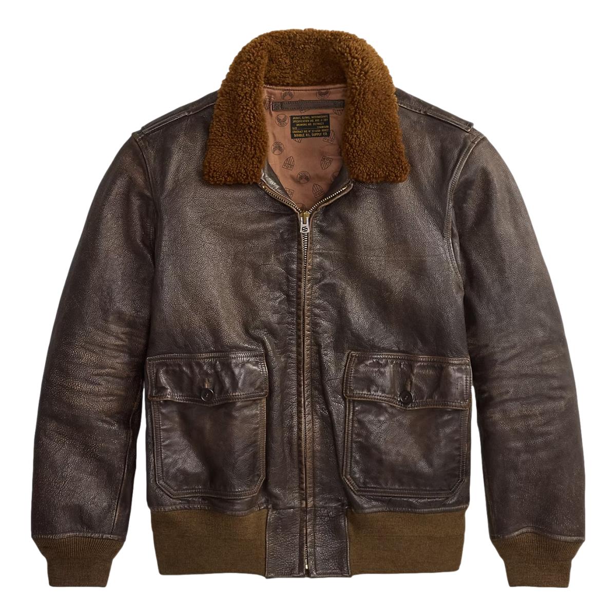 Shearling-Collar Leather Flight Jacket Vintage Brown