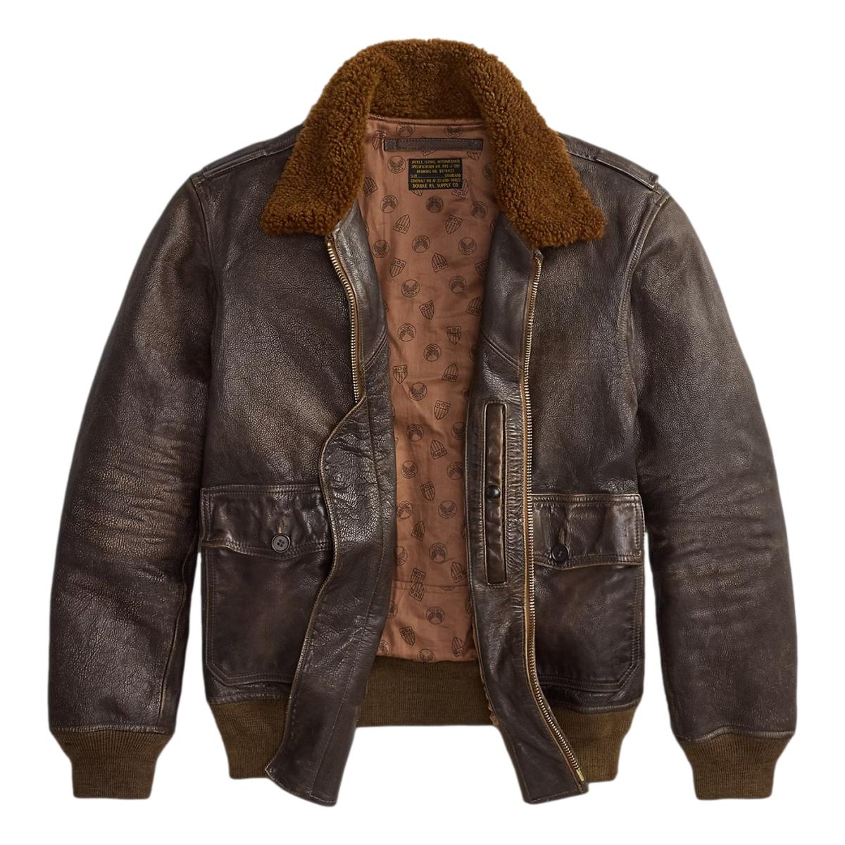 Shearling-Collar Leather Flight Jacket Vintage Brown