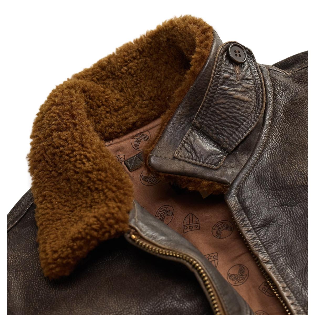 Shearling-Collar Leather Flight Jacket Vintage Brown