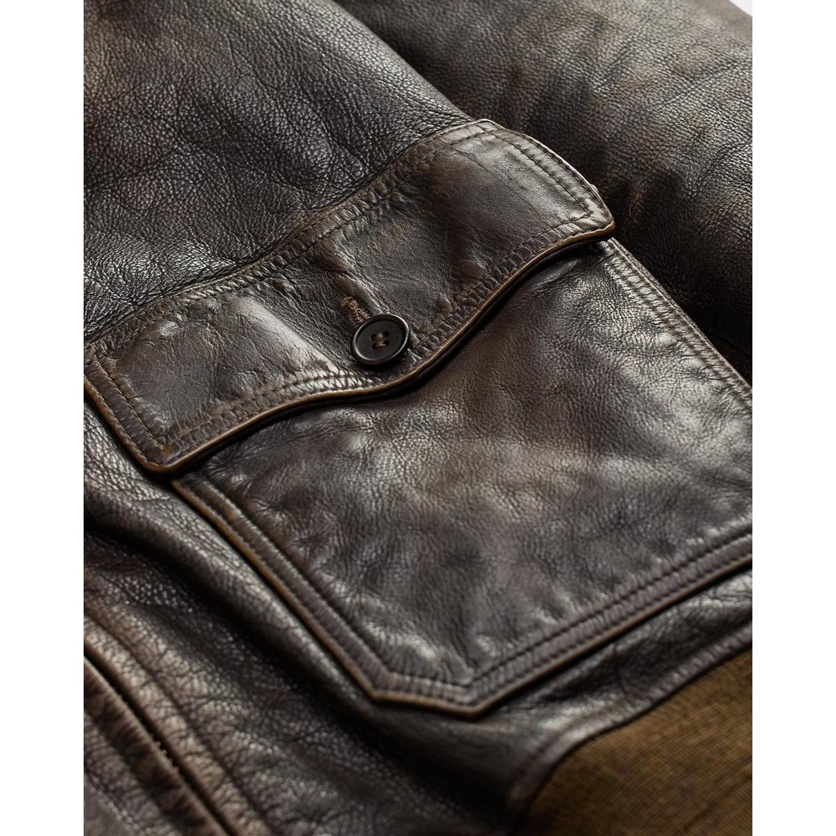 Shearling-Collar Leather Flight Jacket Vintage Brown