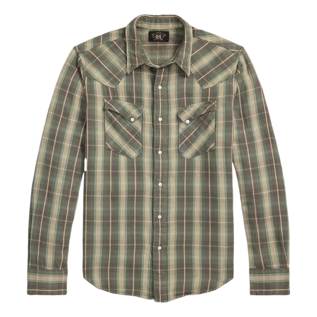 Slim Fit Plaid Twill Western Shirt Green Gray - Western