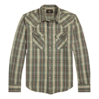 Slim Fit Plaid Twill Western Shirt Green Gray - Western