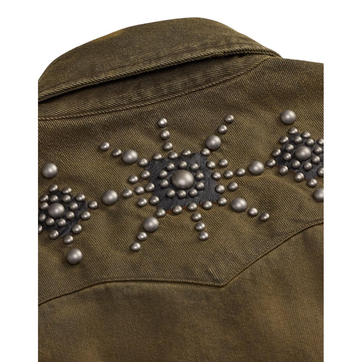 Slim Fit Studded Denim Western Shirt Distressed Brown Wash