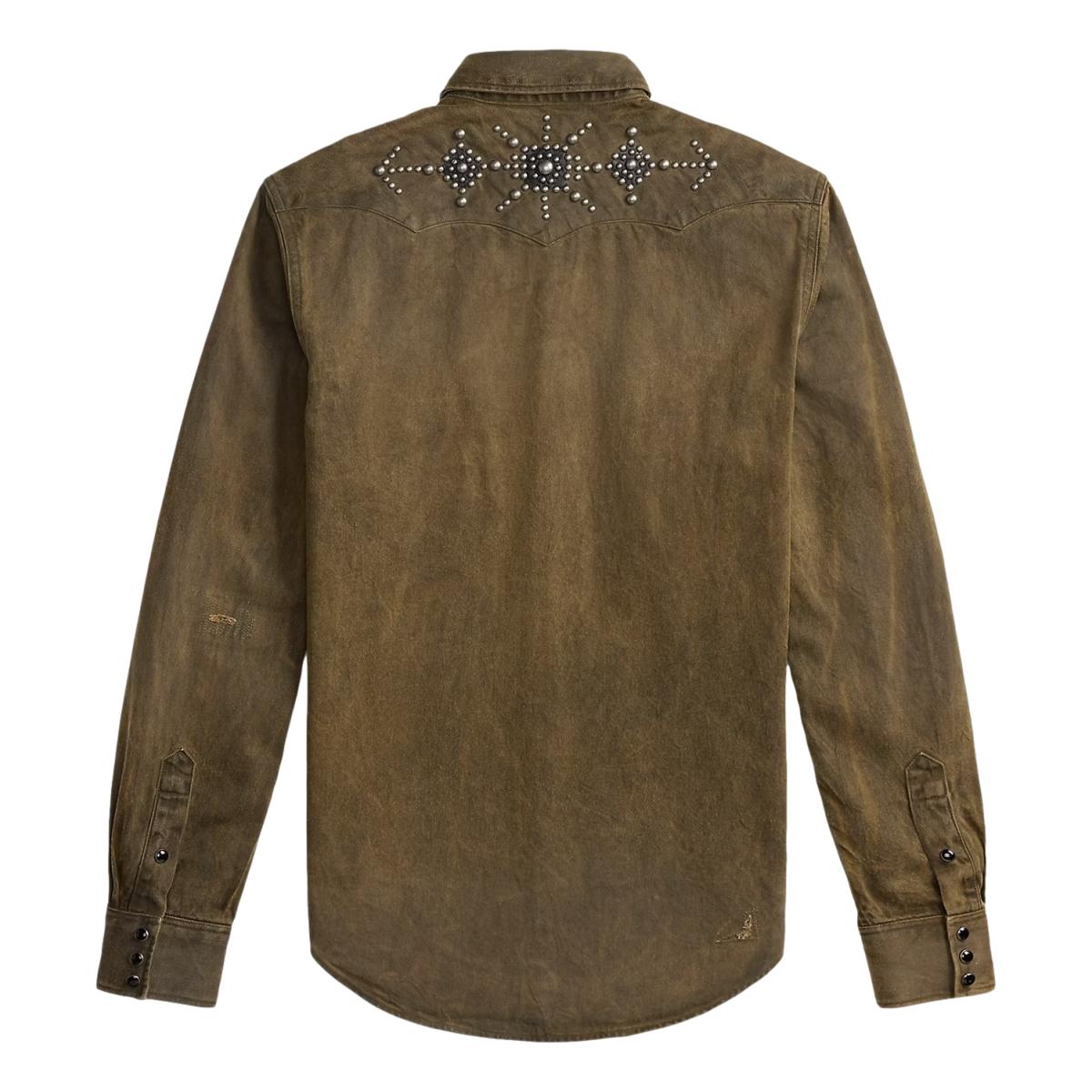Slim Fit Studded Denim Western Shirt Distressed Brown Wash