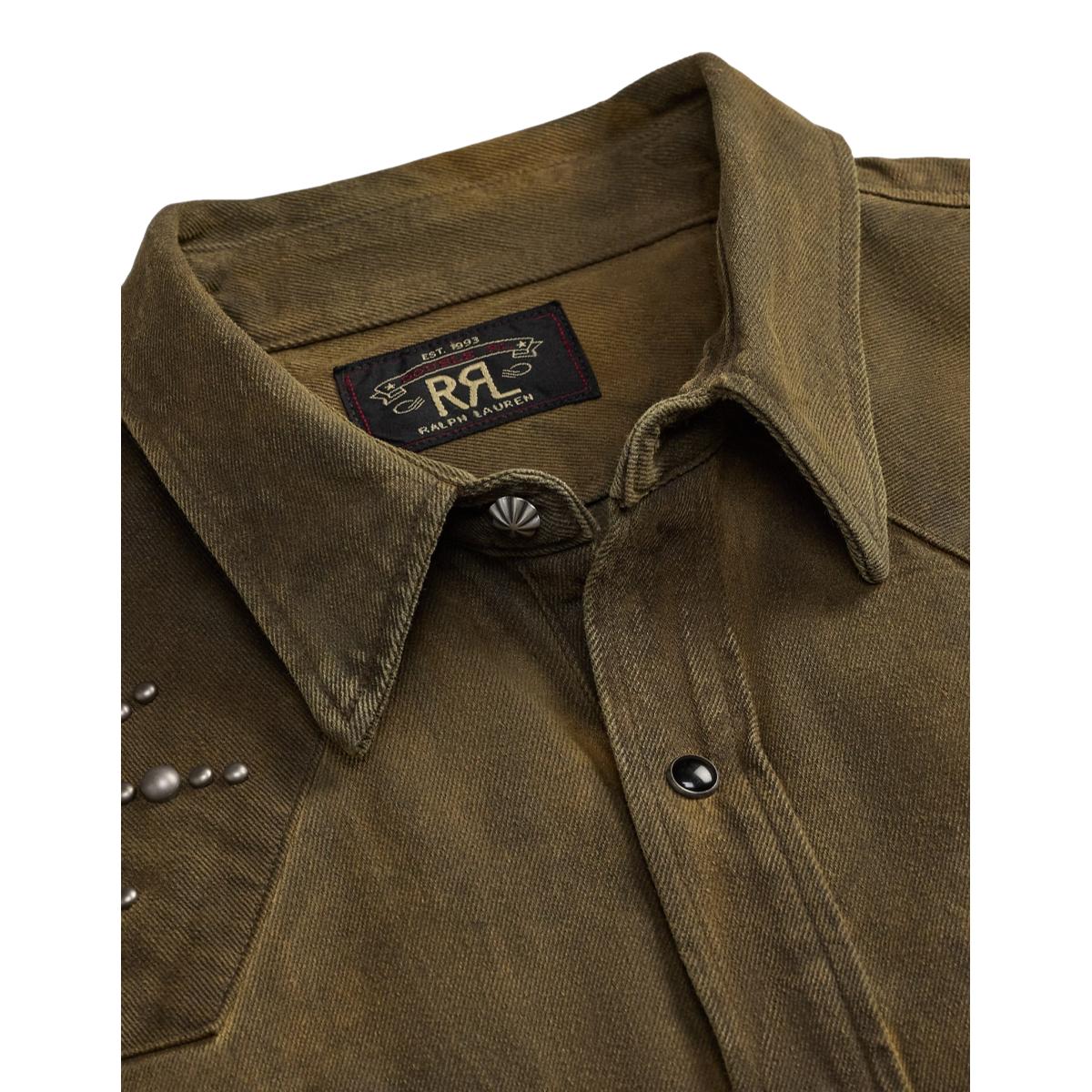 Slim Fit Studded Denim Western Shirt Distressed Brown Wash