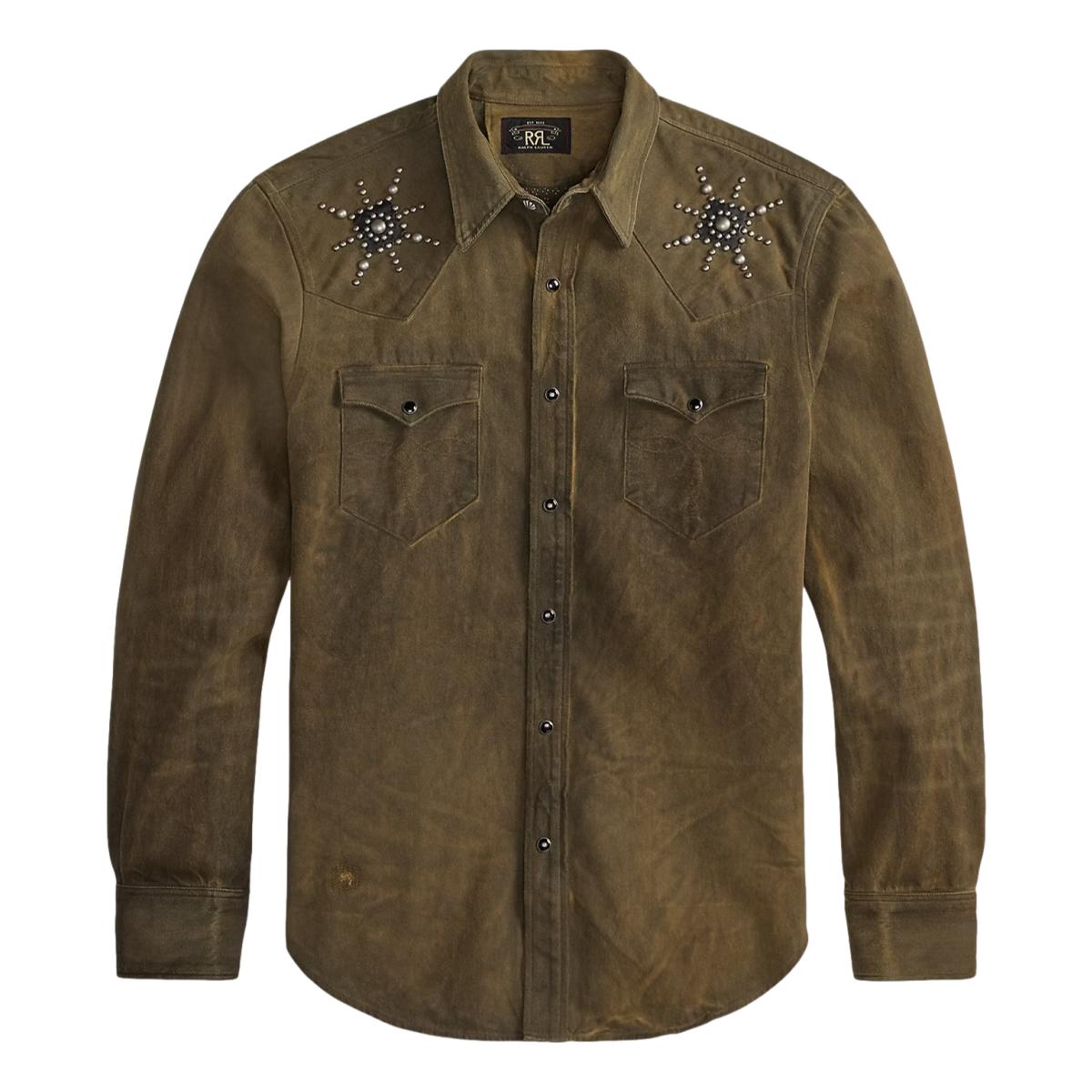 Slim Fit Studded Denim Western Shirt Distressed Brown Wash