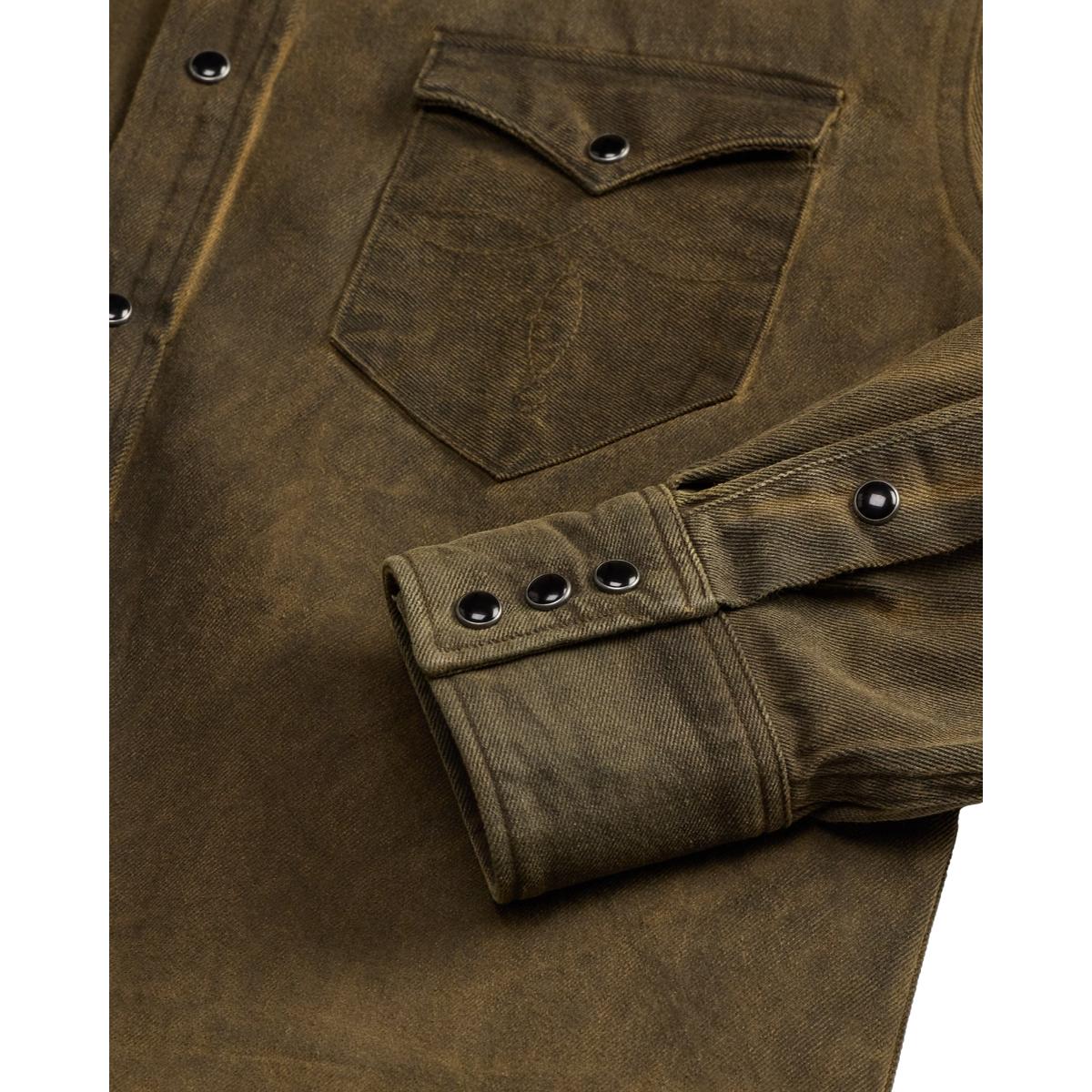 Slim Fit Studded Denim Western Shirt Distressed Brown Wash