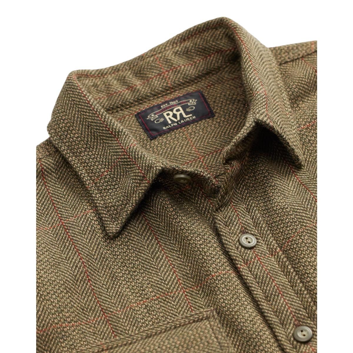 Suede-Patch Herringbone Workshirt Brown Multi - Shirts