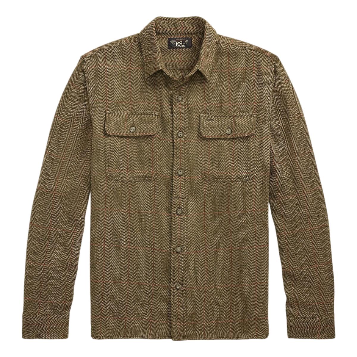 Suede-Patch Herringbone Workshirt Brown Multi - Shirts