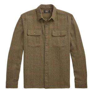 Suede-Patch Herringbone Workshirt Brown Multi - Shirts
