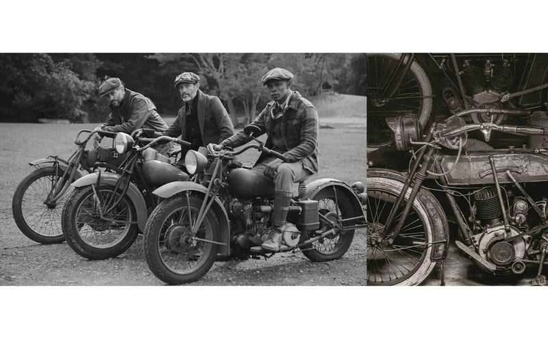 Vintage motorcycles with riders.