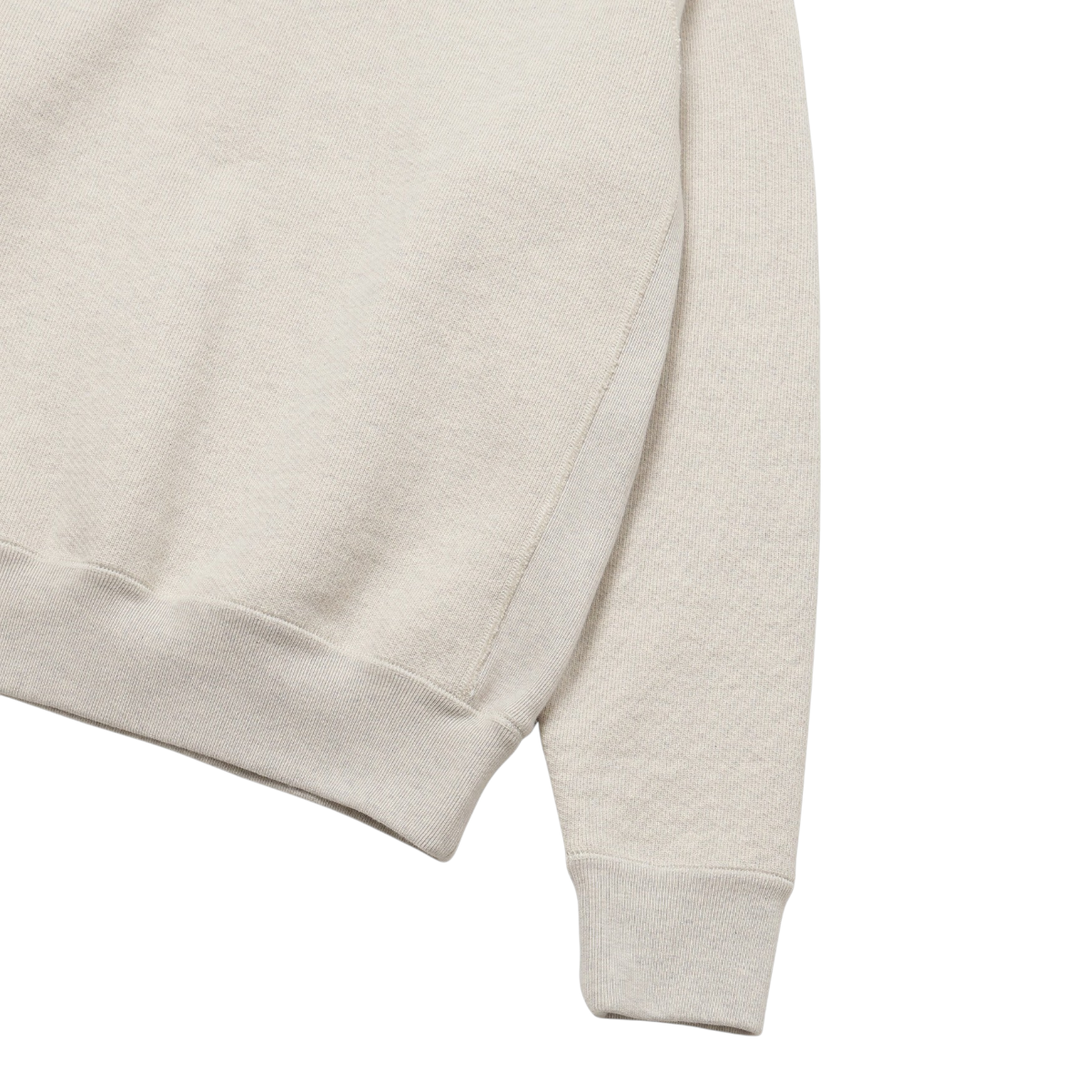 MILWORKS wonderlooper-oatmeal double heavyweight French terry crewneck sweatshirt featuring ribbed side panels and cuffs.